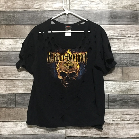 Harley Davidson Cayman Island Flaming Skull Distressed T Shirt Women’s L Black - Picture 4 of 8